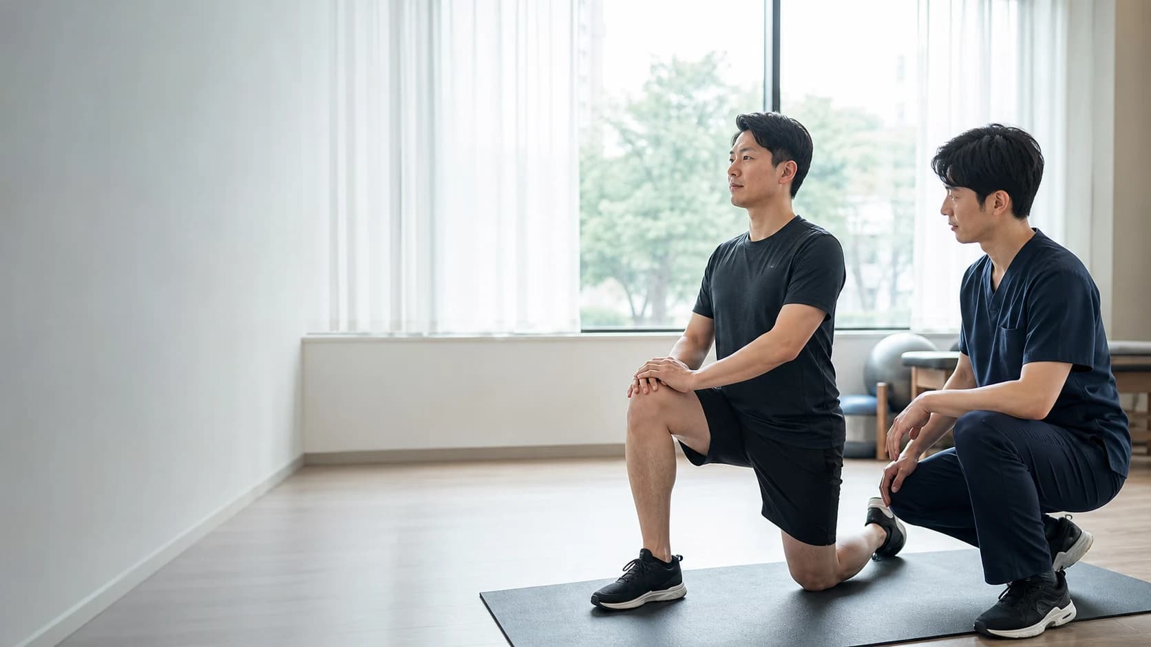 밝은 실내에서 무릎 움직임을 확인하는 성인