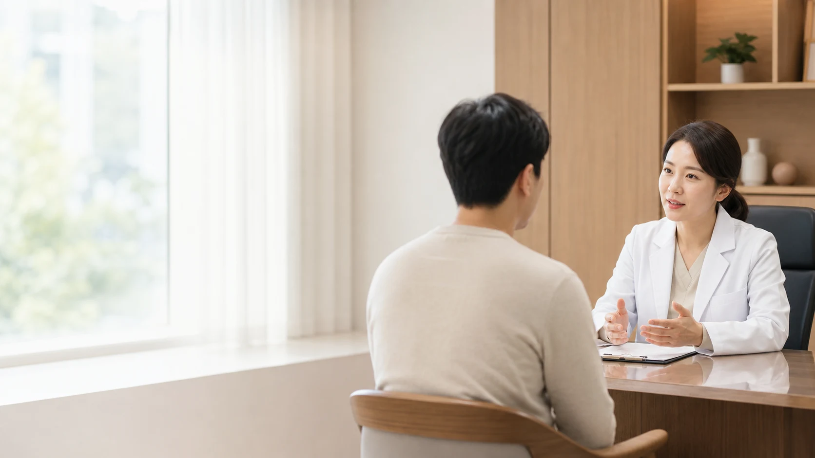 밝은 진료 공간에서 회복 상담을 받는 성인 환자