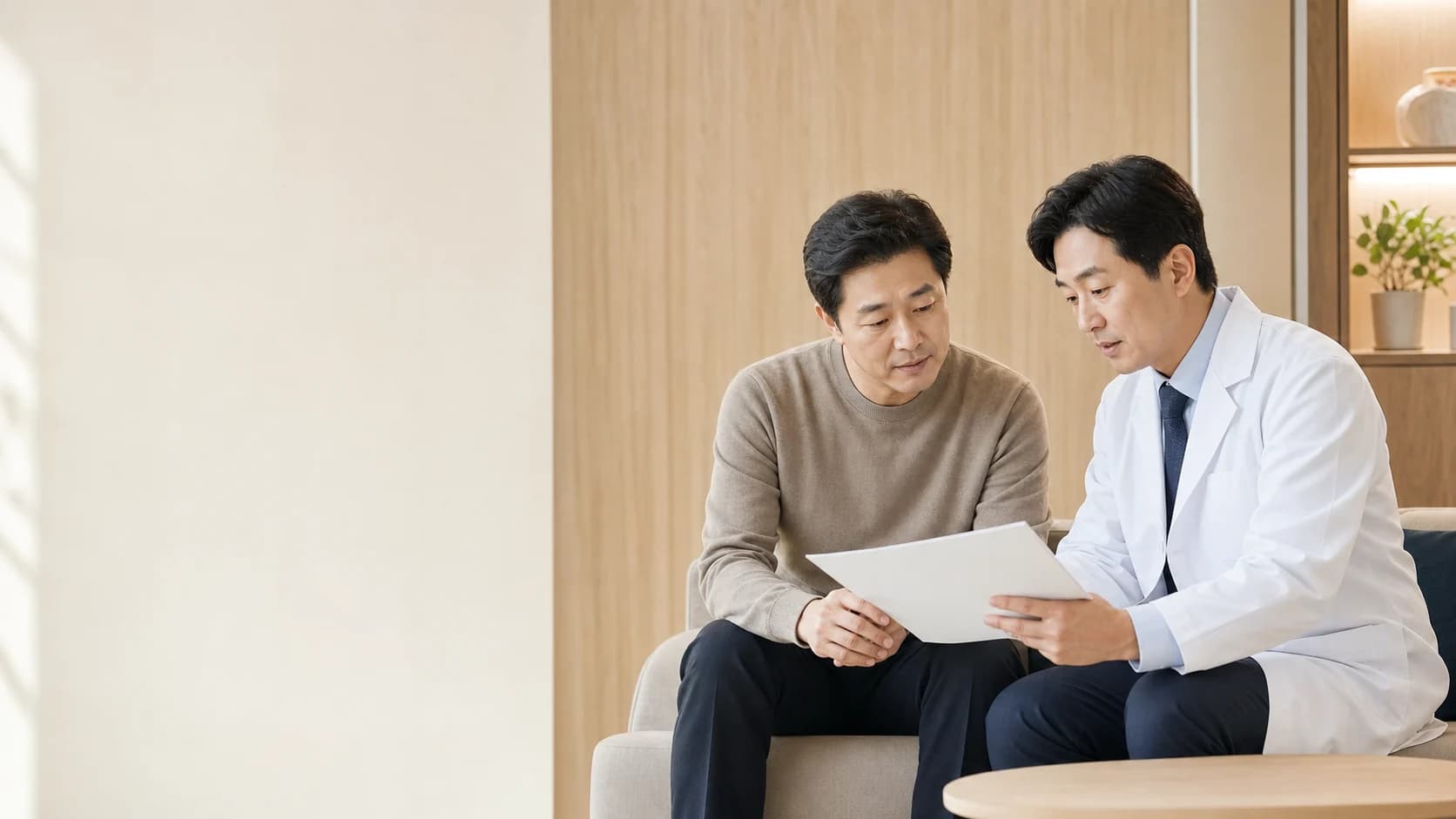 한국인 성인 환자와 의료진이 치료 이력을 상담하는 장면